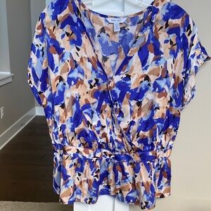 Nine West Women's Blue and Tan Abstract Blouse